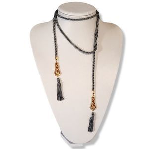 Vintage Gray Silk Cord with Two Lavalier Goldtone Brown Enamel Tassels Neckace